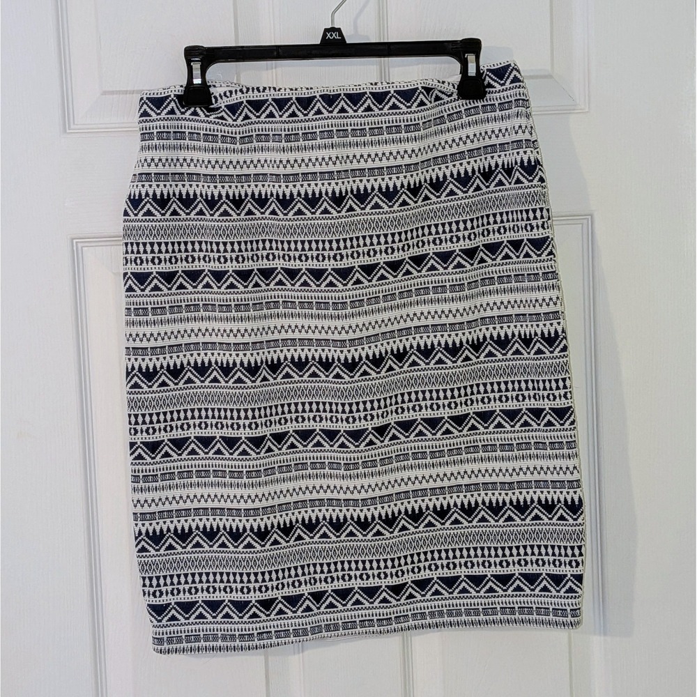 RD‎ Style Womens Skirt Size L Blue White Geometric Woven Print Career